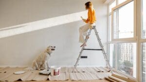 Woman paints the wall in white color, stands on ladder while making repairment with her dog in newly purchased apartment