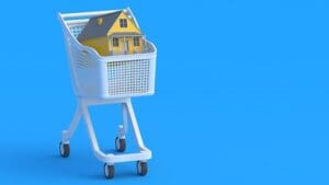 Building in market cart. Copy space. 3d render