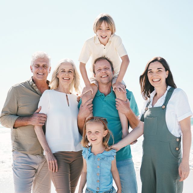 Big family, grandparents portrait or happy kids at sea to relax or travel on beach holiday together.