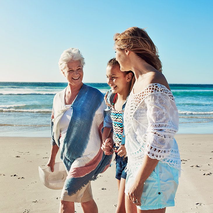 Beach, walking and grandma, mom and girl on summer holiday, vacation and bonding outdoor. Family generations, space and senior mother with child by ocean for relationship, travel and happy on weekend